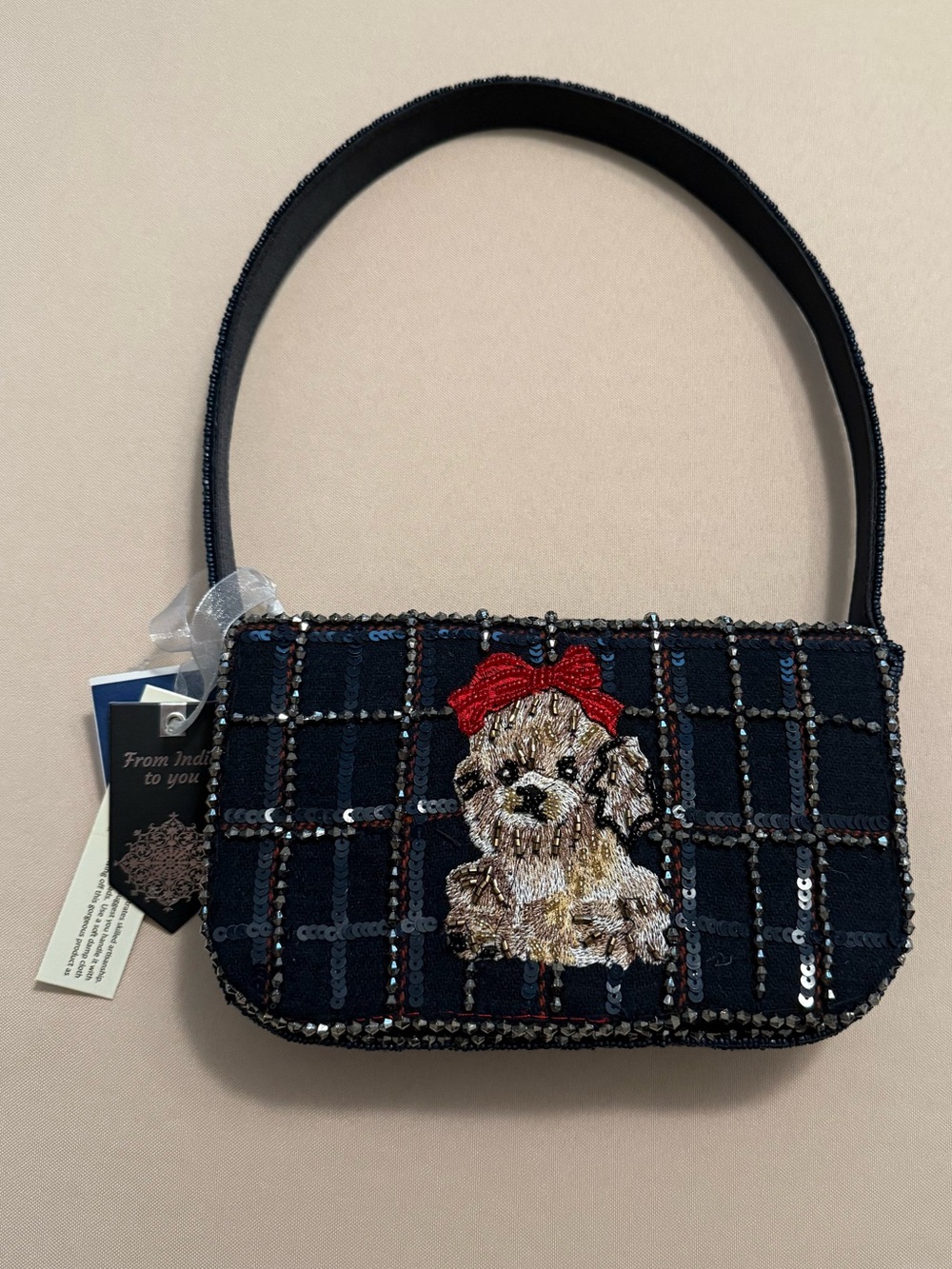 India Beaded Bag Puppy Dog w/ Red Bow & Navy Blue Plaid Background (PRICE FIRM)